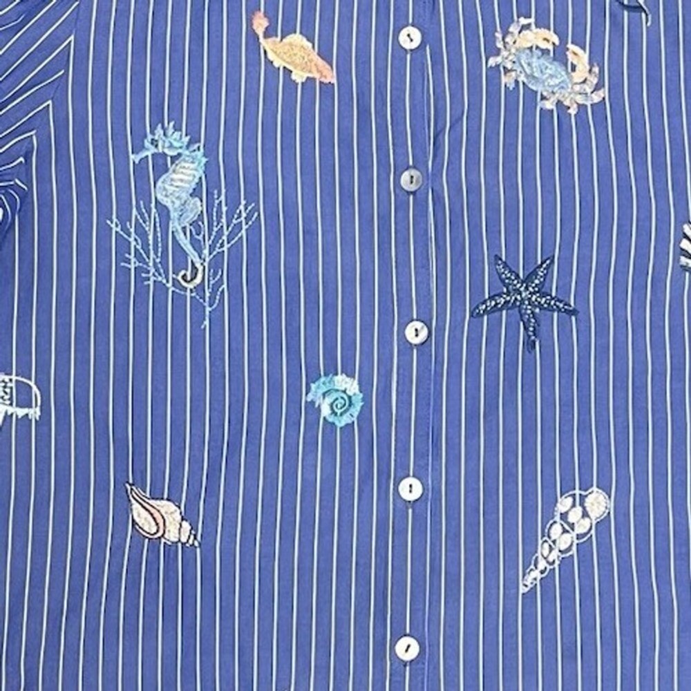 Johnny Was Workshop Striped Blue Embroidered Seashells Ocean Shirt XS Blouse - Picture 7 of 14